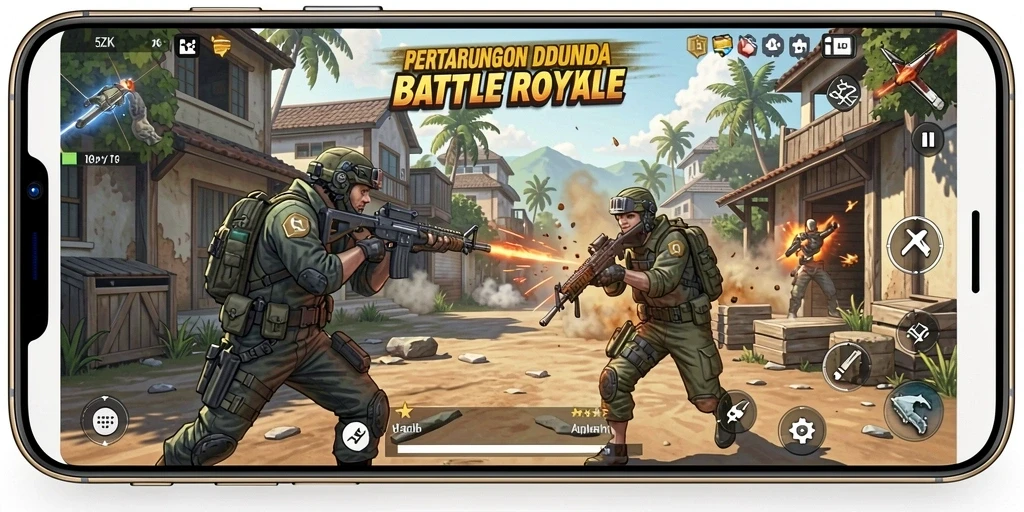 Tampilan screenshot utama 5ZK menampilkan pertandingan Battle Royale yang seru dan intens.