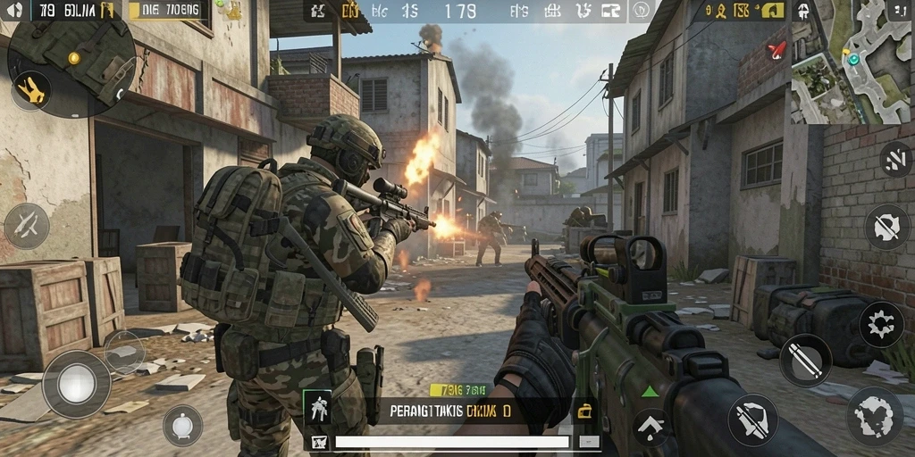 Screenshot gameplay 73K yang menampilkan aksi menegangkan dalam pertempuran FPS.