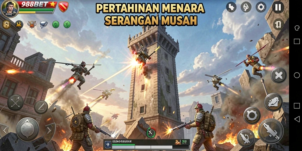 Screenshot gameplay 988BET menampilkan pertahanan menara dari serangan musuh.