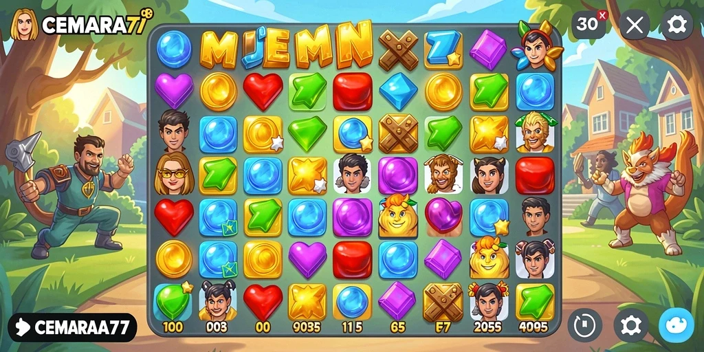 Screenshot gameplay CEMARA77 menampilkan momen mencocokkan elemen berwarna.