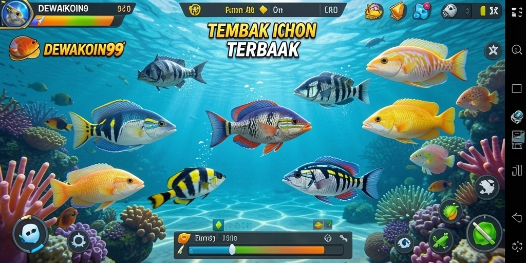 Tampilan gameplay DEWAKOIN99 dengan ikan berwarna-warni dan senjata yang menarik.