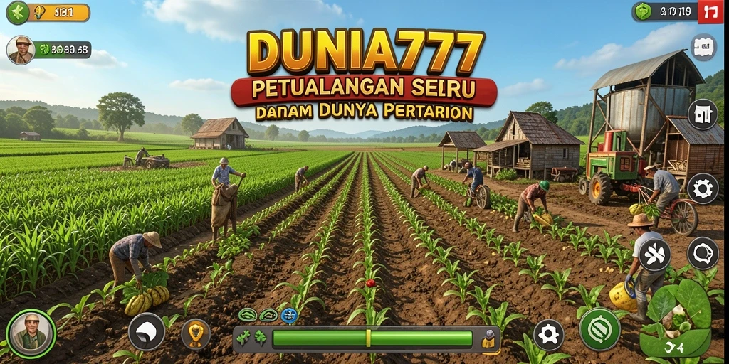 Tangkapan layar utama dari DUNIA777 menunjukkan keindahan kebun di dunia Farming.