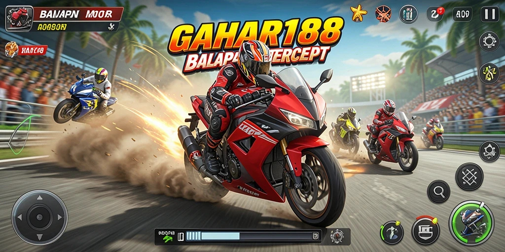 Screenshot GAHAR188 menunjukkan aksi balapan motor yang intens dan mengasyikkan.